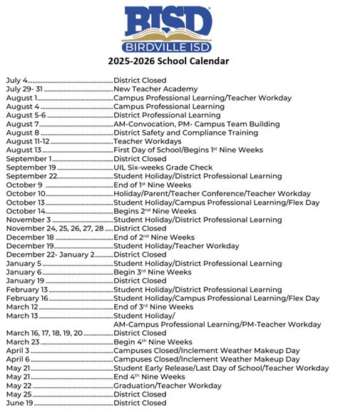 Birdville ISD 2025-2026 Instructional Calendar - Northeast News