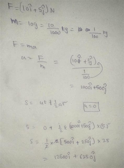 The force on a particle of mass 10g is(10i+5j)N. If it starts from rest ...
