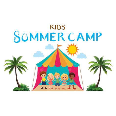 Summer Camp Calligraphy Text And Tent With Palying Kids Vector ...