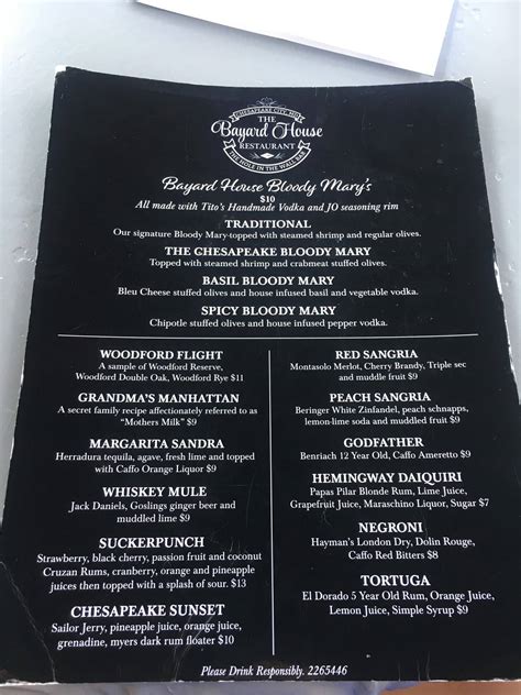 Menu at The Bayard House Restaurant, Chesapeake City