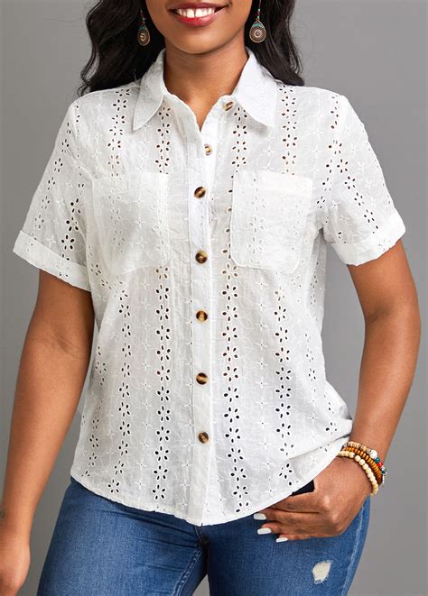 Button Shirt Collar Short Sleeve White Blouse | Rosewe.com - USD $18.98