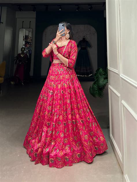 Pink Graceful Tussar Silk Floral Print Wedding Lehenga with