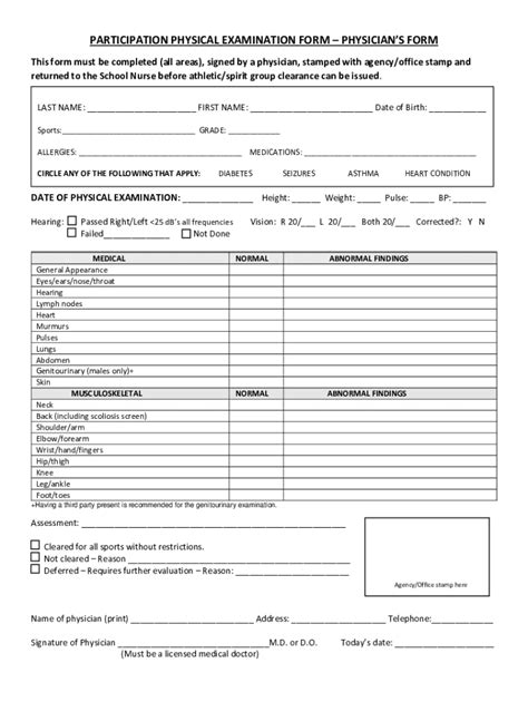 Fillable Online PARTICIPATION PHYSICAL EXAMINATION FORM Fax Email Print ...