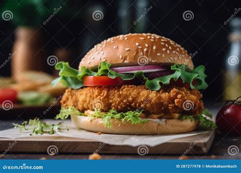 Burger with Breaded Chicken Patty and Vegetables. Stock Illustration ...