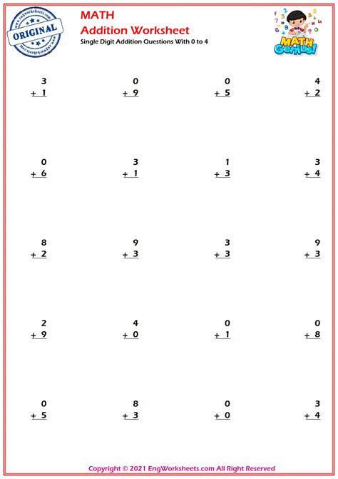 Single Digit Addition Questions With 0 to 4 Worksheets and ...