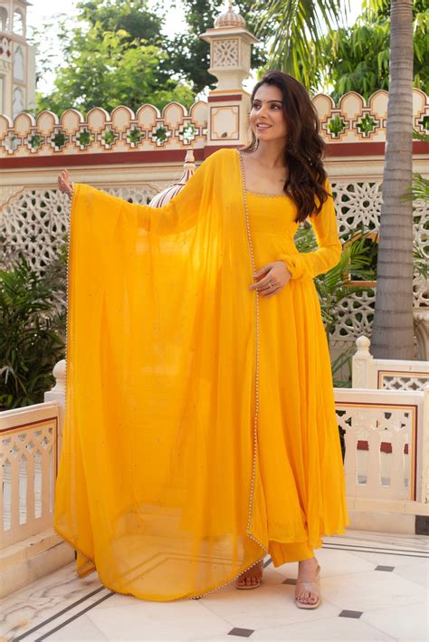 YELLOW COLOR PREMIUM HANDWORK ANARKALI SUIT SET – Cholicart