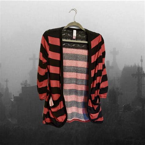 red and black striped cardigan, black lace back... - Depop