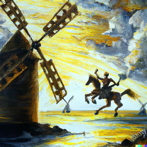 don quixote fighting a windmill on the sea, oil pain... | OpenArt