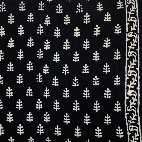 Pure Cotton Black With Small White Plants Hand Block Print Fabric ...