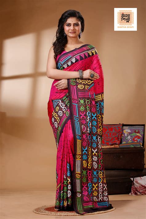 Pure Bangalore Silk Hand Batik and Kantha Stitch Saree SN202523201 ...