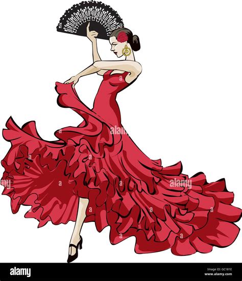 Original vector illustration of a Spanish flamenco dancer in long red ...
