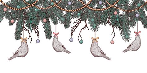 Bordure de Noël avec des guirlandes de branches de sapin, figurines d ...