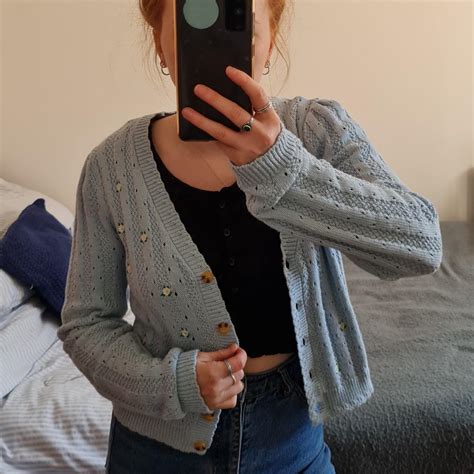 Urban outfitters baby blue cardigan with flowers,... - Depop