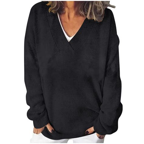 Womens Oversized V Neck Sweater Long Sleeve Cable Knit Tops Casual ...