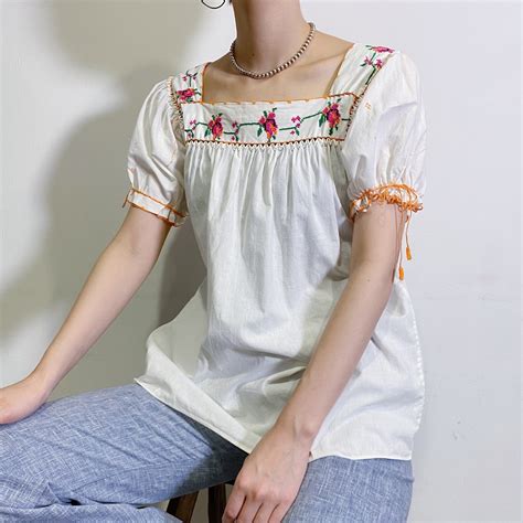 70s pink and orange flower embroidery cotton tunic top【672】 | LEMON