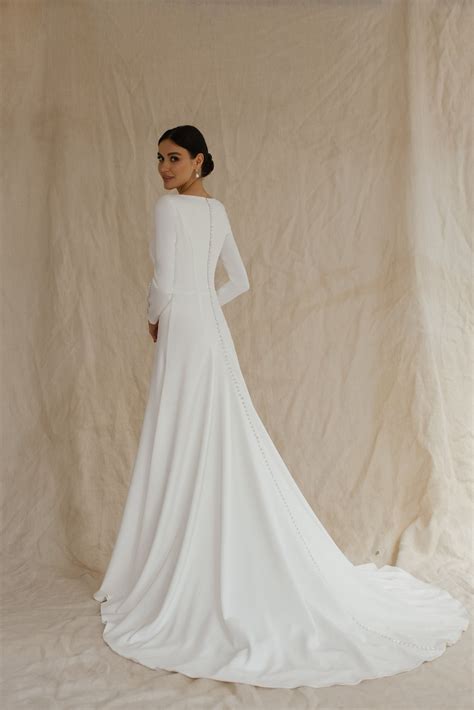 Long Sleeve and High Back Crepe Wedding Dress. READY TO SHIP Simple Winter Bridal Gown ...