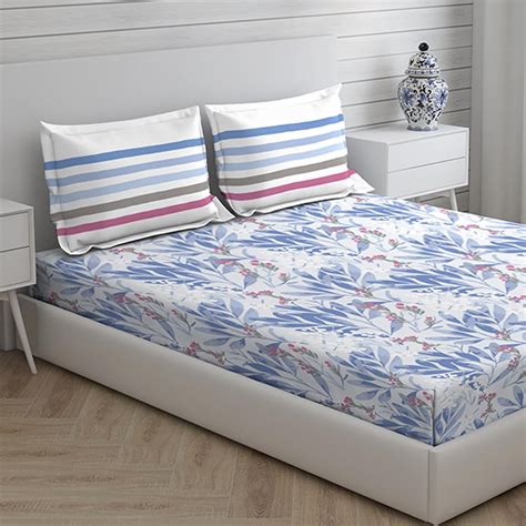 Buy LAYERS Trevi Blue Floral Print Cotton Queen Bedsheet Set ...