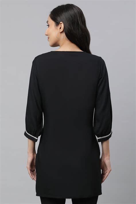 Buy Black Solid Three-Quarter Sleeves V-Neck Rayon Kurti with Lace ...