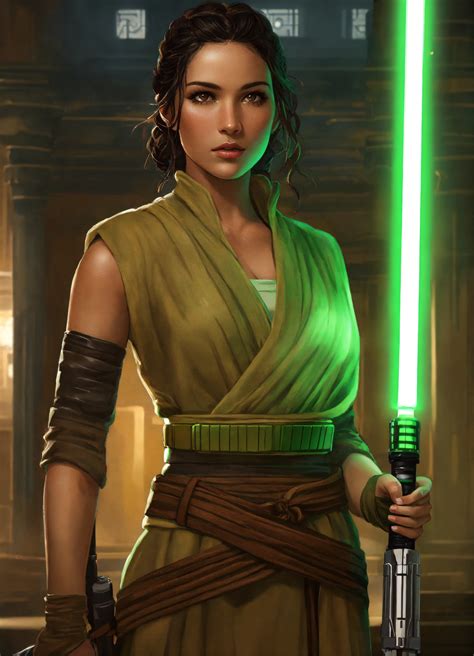 Lexica - Young woman, jedi knight, holding two green lightsabers, olive ...