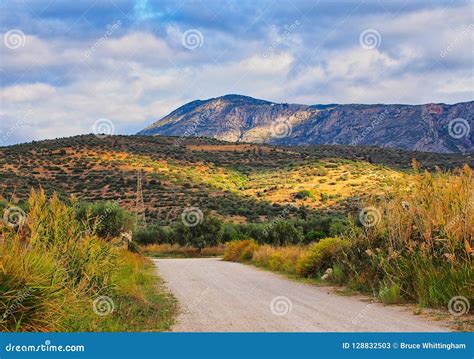 Cloudy Rural Greek Landscape Stock Image - Image of road, rural: 128832503