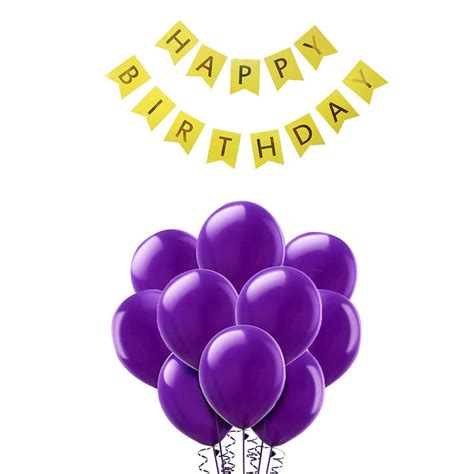 Yellow Happy Birthday Banner And Purple Metallic Balloons (Pack of 30 ...