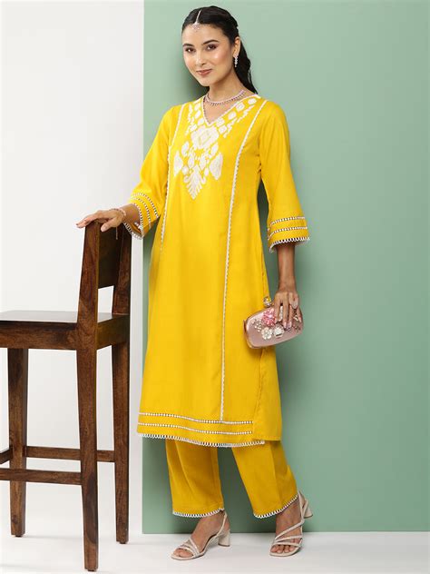 Shop Bhama Couture Mustard Ikat Embroidered Kurta With Mustard Solid ...
