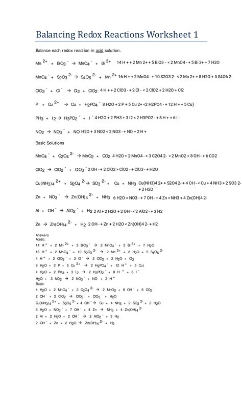 Oxidation Reduction Reaction Worksheet Balancing Redox Equations