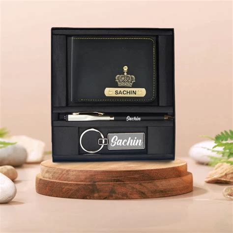Personalised Leather Wallet + Pen & keychain Combo - Black | Your Gift ...