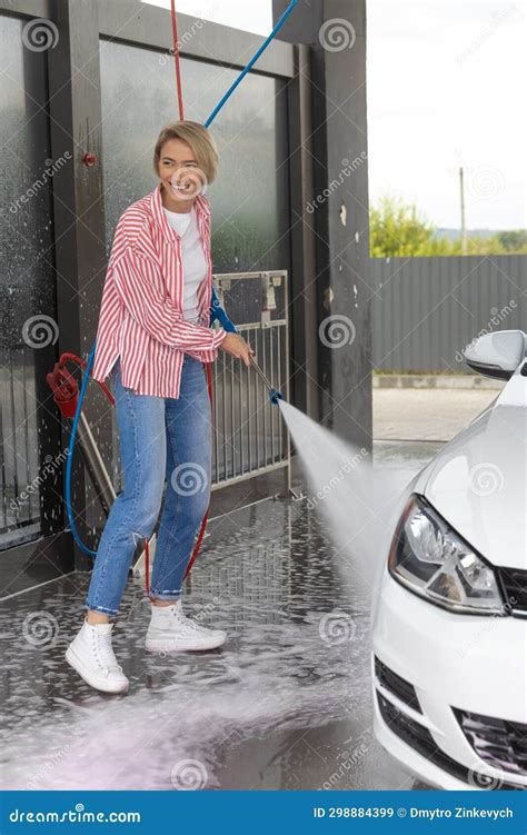 Woman Working at the Car Wash and Washing the Car Stock Image - Image of work, fairhaired: 298884399