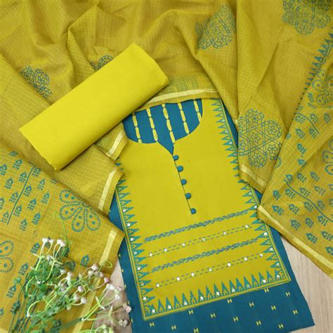 मुस्कानी Cerulean Teal Block Print with Potli Button Yoke Weaved Cotto ...