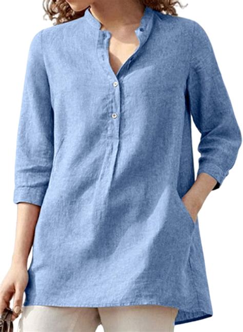 Achinel Women's Linen Tunic Top Cotton 3/4 Sleeve V Neck Work Blouse ...