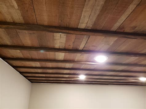 Basement Ceiling with Stained Wood and MDF Board Pattern