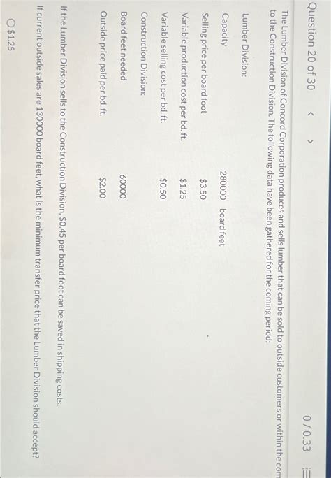 Solved Question 20 ﻿of 3000.33The Lumber Division of Concord | Chegg.com