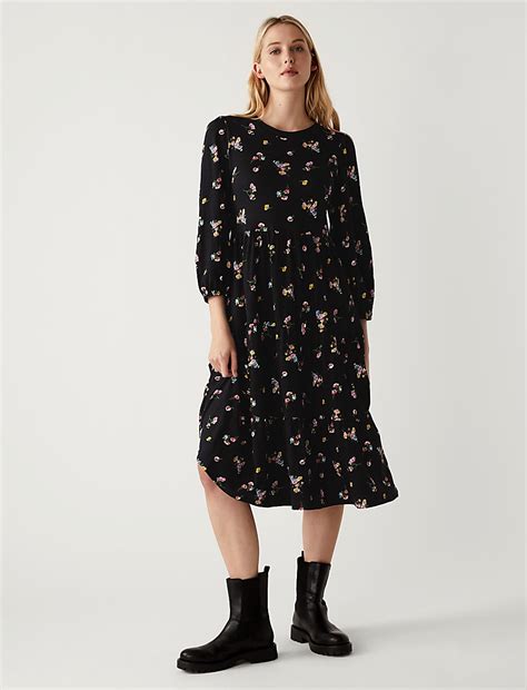 Buy Pure Cotton Floral Midi Tiered Dress at Marks & Spencer