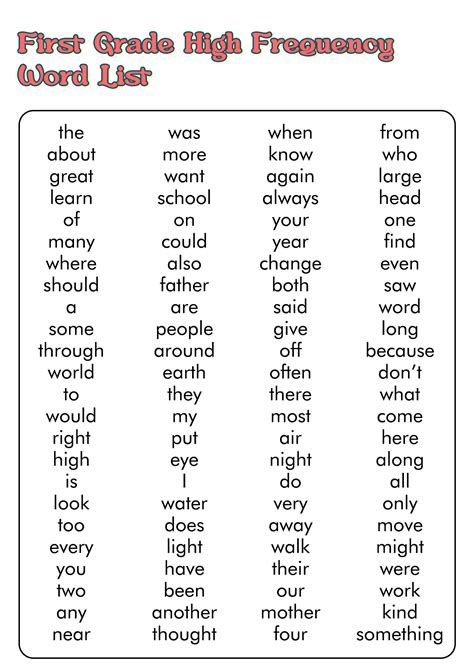 Printable High Frequency Word List - Printable Word Searches