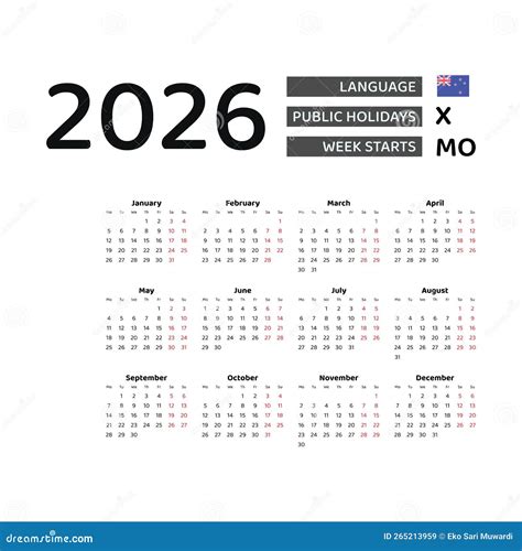 Calendar 2026 English Language with New Zealand Public Holidays. Stock ...