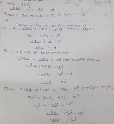 In the adjacent figure PQ//ST,angle PQR=110⁰ & angle RST=130⁰,find ...