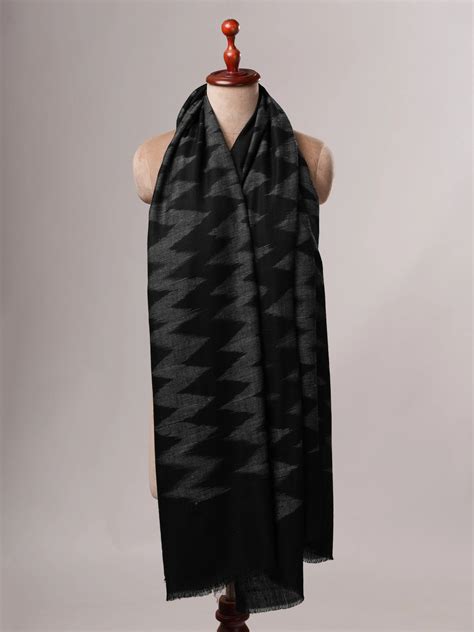 Contemporary Black Pashmina Shawl with Ikat Weave | Authentic