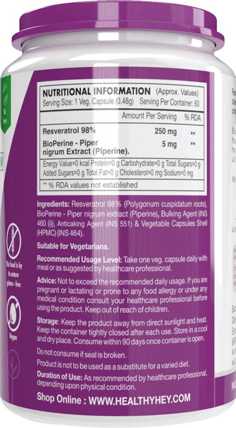 Buy HEALTHYHEY NUTRITION RESVERATROL EXTRACT 98% PLUS BIOPERINE - 60 ...