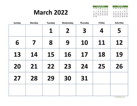 March 2022 Calendar with Extra-large Dates | WikiDates.org