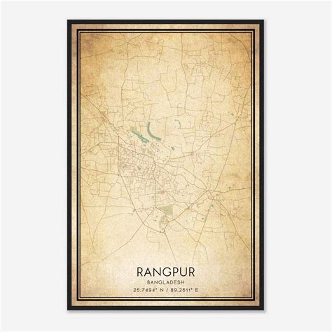 Vintage Rangpur Bangladesh Map Poster, Rangpur City Road Wall Art Print - Custom Maps & Posters