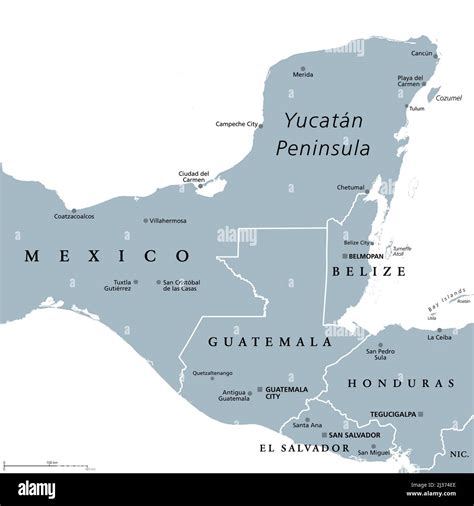 Yucatan Peninsula, gray political map. Peninsula in southeastern Mexico and adjectants portions ...