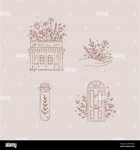 Hand drawn store, hand, test tube, door icons drawing in floral style ...
