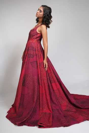 Buy Red Silk Sequins Round Neck Upcycled Embellished Gown For Women by ...