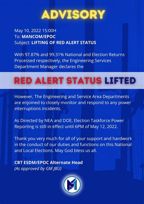 NATL & LOCAL ELECTIONS RED ALERT STATUS LIFTED – MORESCO-1