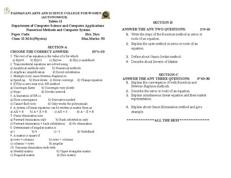Numerical Methods (Internal - 1) Question Paper: Hrs: 2, Max Marks: 50 ...