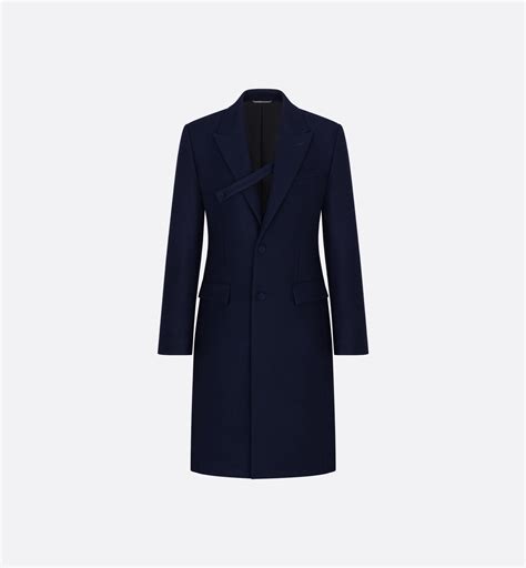 Long Coat with Buttoned Strap Navy Blue Virgin Wool | DIOR