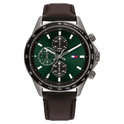 Buy Online Tommy Hilfiger Multifunction Green Dial Leather Strap Watch ...
