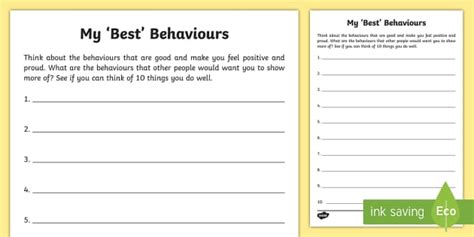 My 'Best' Behaviours Worksheet for Early Years Children