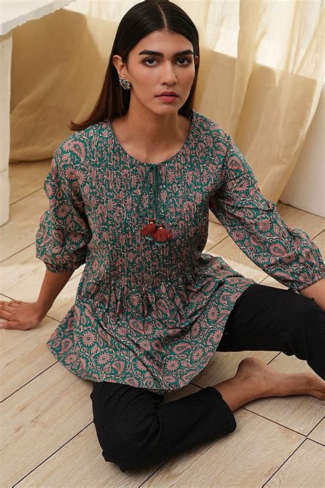 Teal Green Cotton Pleated A-Line Short Kurta at Biba India